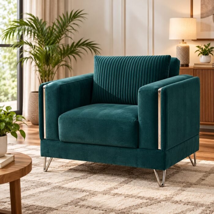 3 in 1 Sofa Bed in green fabric with convertible armchair design
