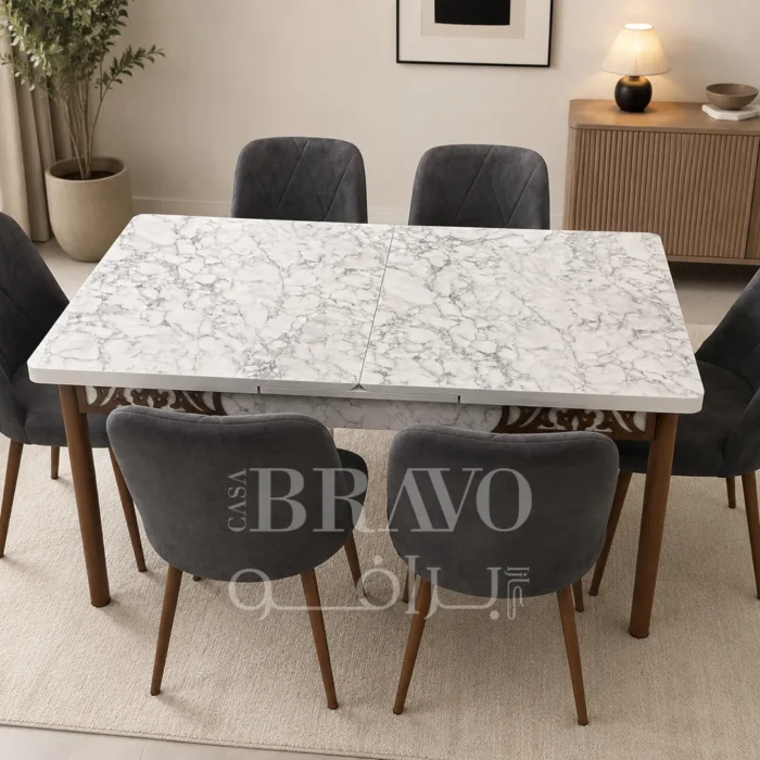 Space-Saver Extendable-  Dinning Table Set- 6-Chairs-Made in Turkey-White-Grey - Design 07