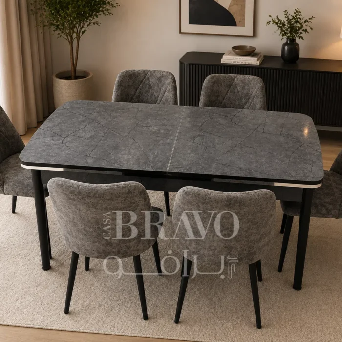 Space-Saver Extendable-  Dinning Table Set- 6-Chairs-Made in Turkey-Dark Grey-Design 08
