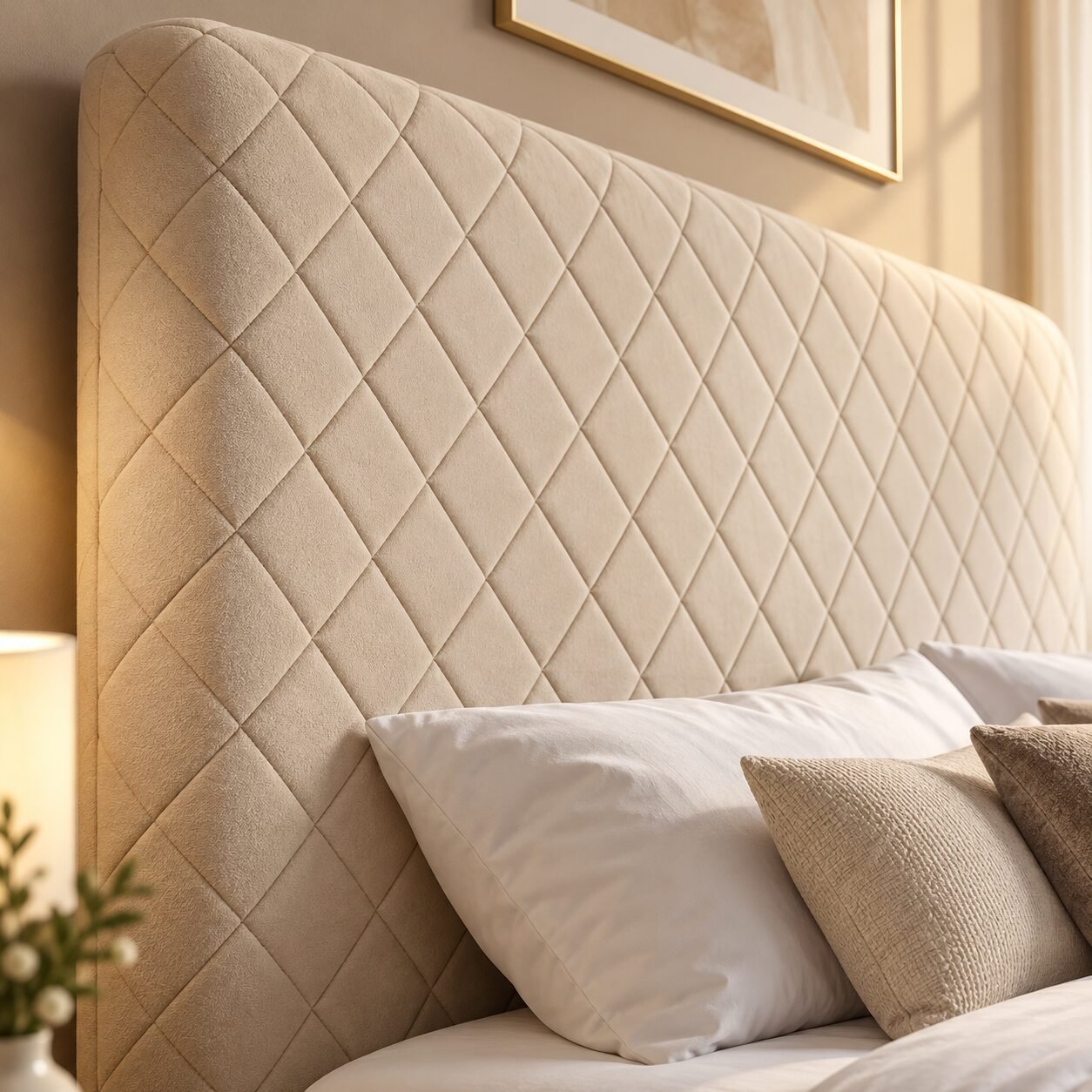 Storage Unit Partitioning Modular Cream Upholstered Bed with Diamond Headboard