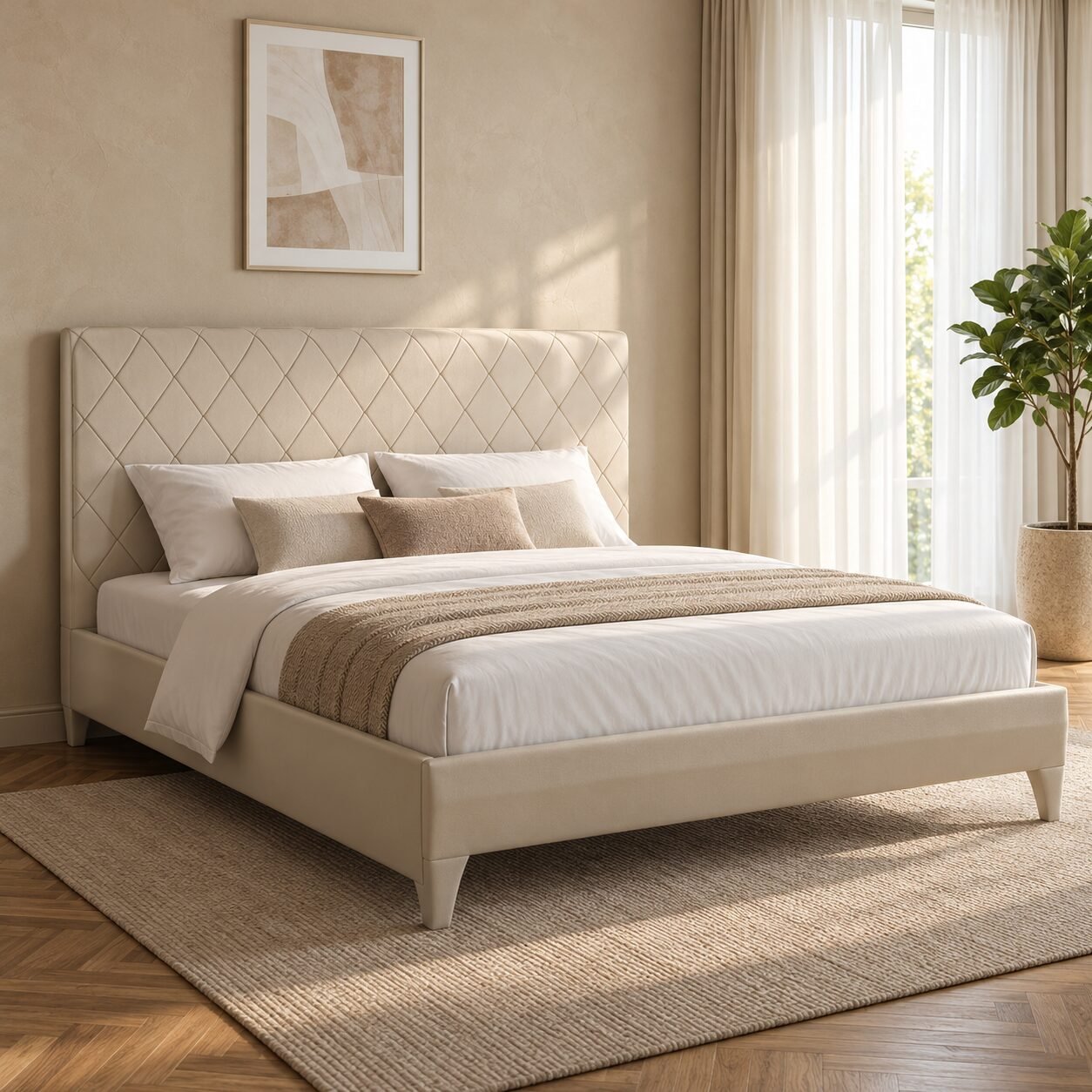 Storage Unit Partitioning Modular Cream Upholstered Bed with Diamond Headboard